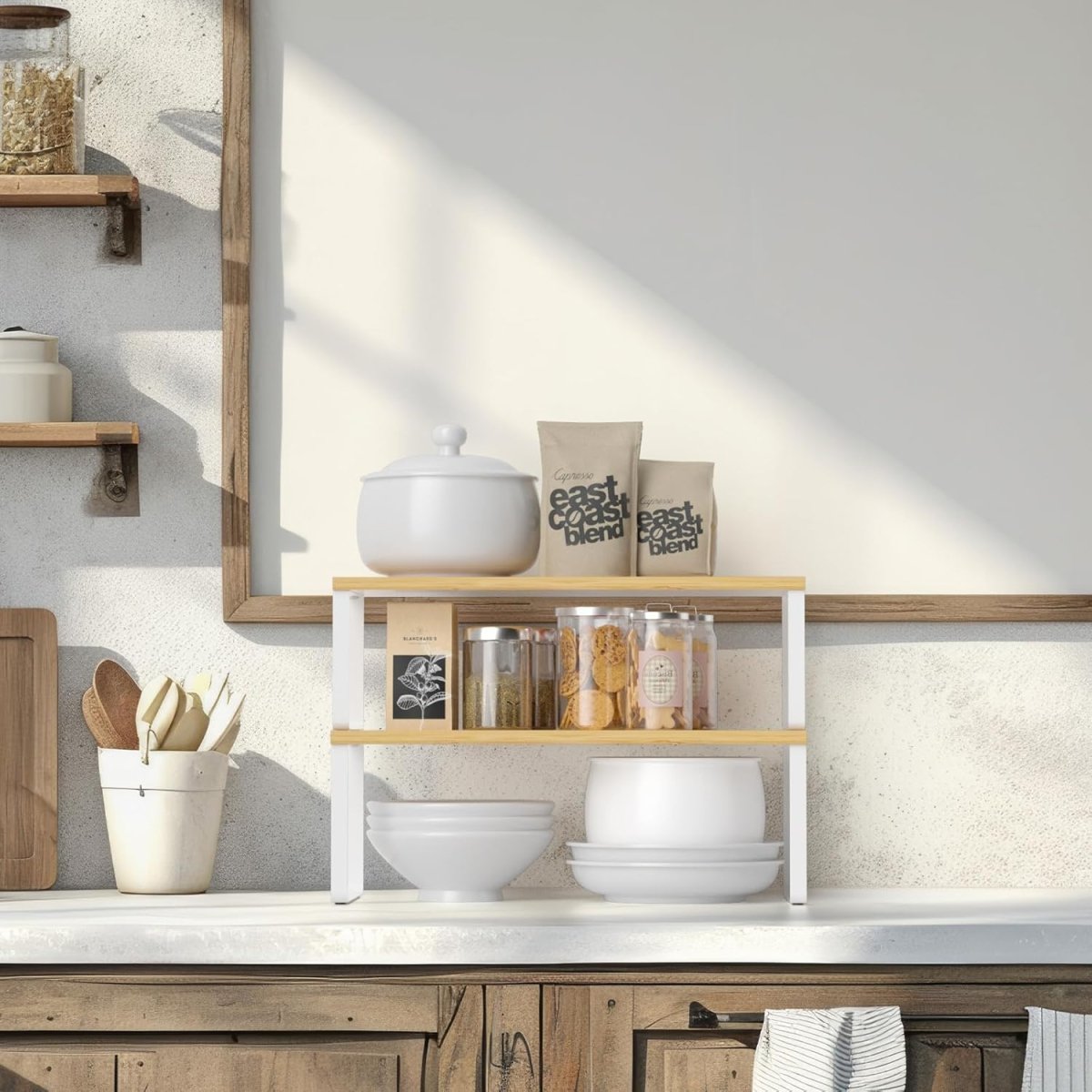 NEX Bamboo Kitchen Cabinet and Counter Shelf Organizer, Stackable &amp; Expandable, Set of 4, White and Natural - Homesidy.com