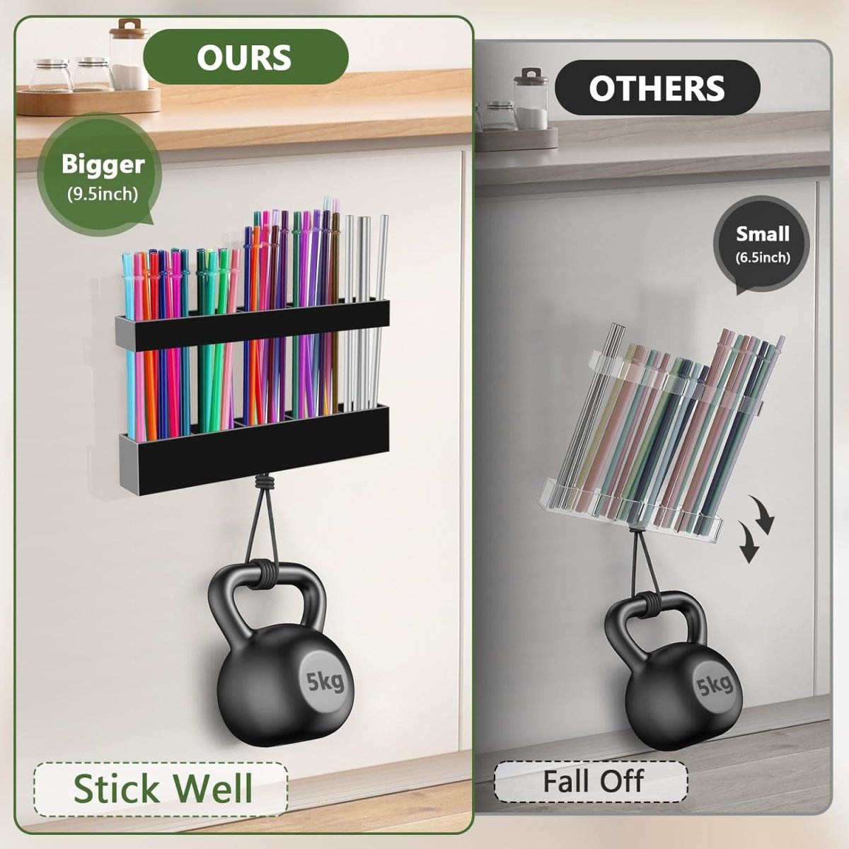 Malldii 9.5” Large Acrylic Straw Holder for Cabinet Door - Reusable Tumbler Straw Organizer Storage, Small Kitchen Accessories Container, Ultra Sticky Cupboard Door Mounted (Transparent) - Homesidy.com