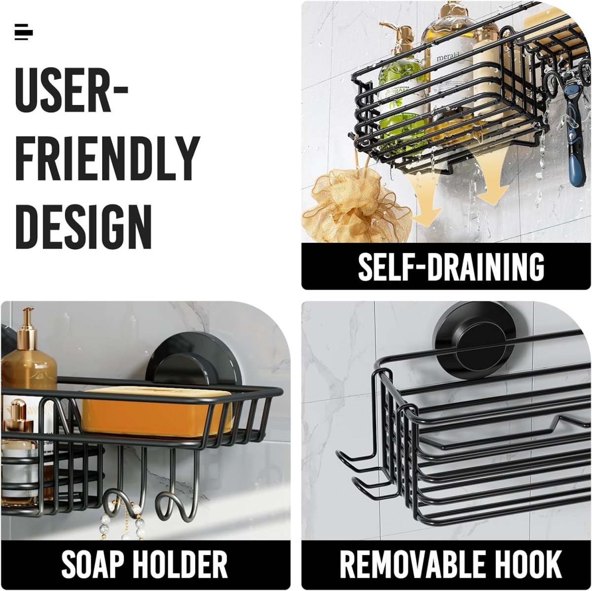 LEVERLOC Shower Caddy Suction Cup, 2 Pack Shower Shelves for Inside Shower with Hooks &amp; Soap Holder, NO - Drilling Bathroom Shower Organizer, Rustproof Meatl Shower Holder Storage, Black - Homesidy.com