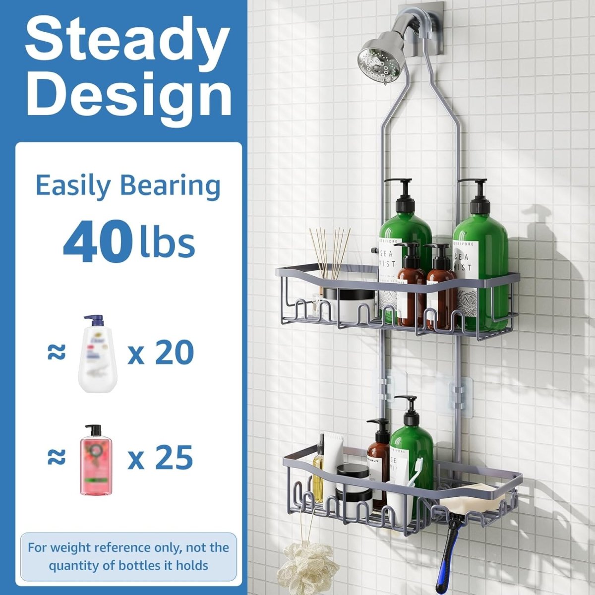 Joqixon Upgraded Extended Length Shower Organizer with Hooks, Rustproof Shampoo Soap Holder, Large Hanging Bathroom Caddy - Homesidy.com