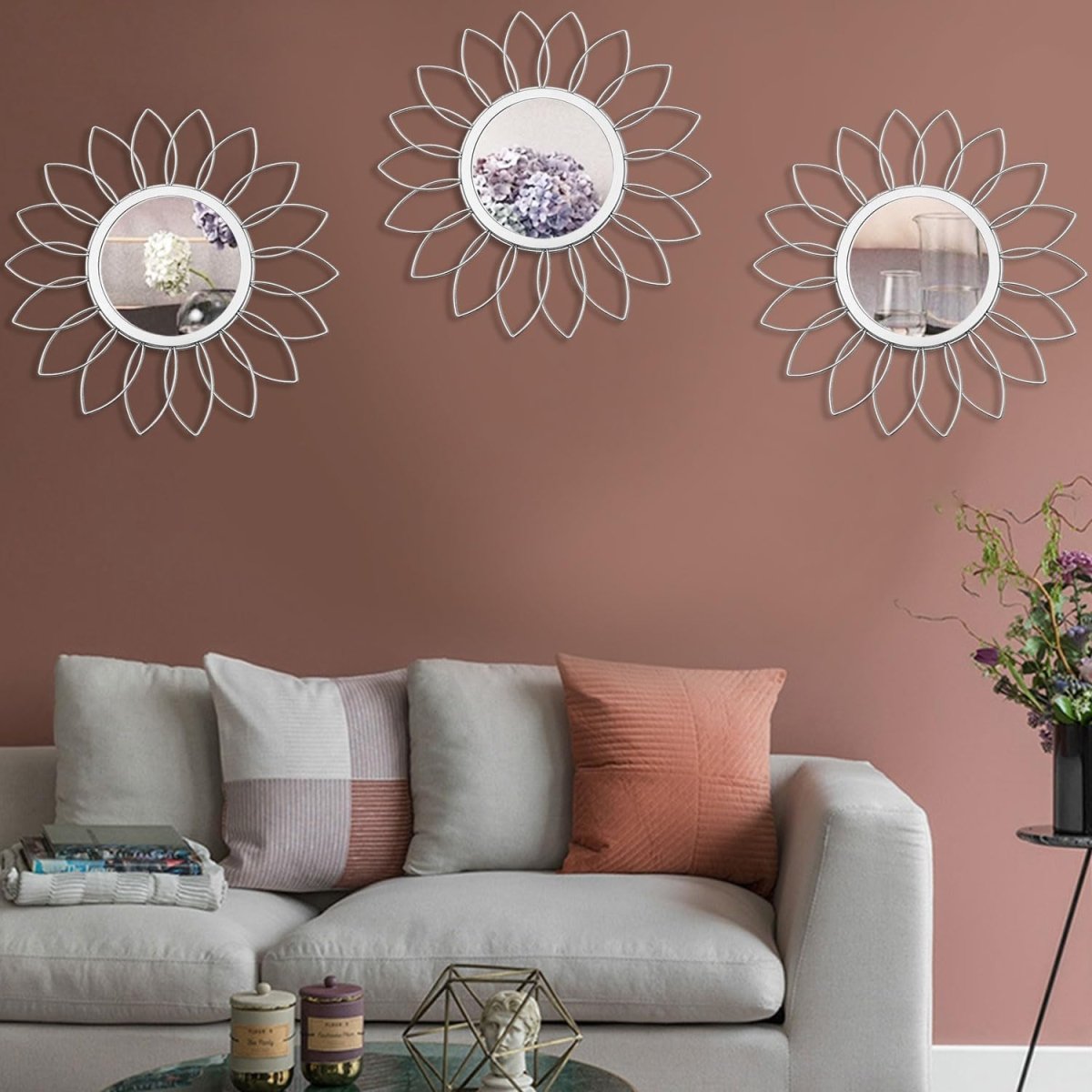 3 Pack Metal Mirrors for Wall Sunburst Wall Mirrors Home Décor Decorative Hanging Wall Art for Living Room Bedroom Entryway (Gold, Flower Sunburst) - Homesidy.com