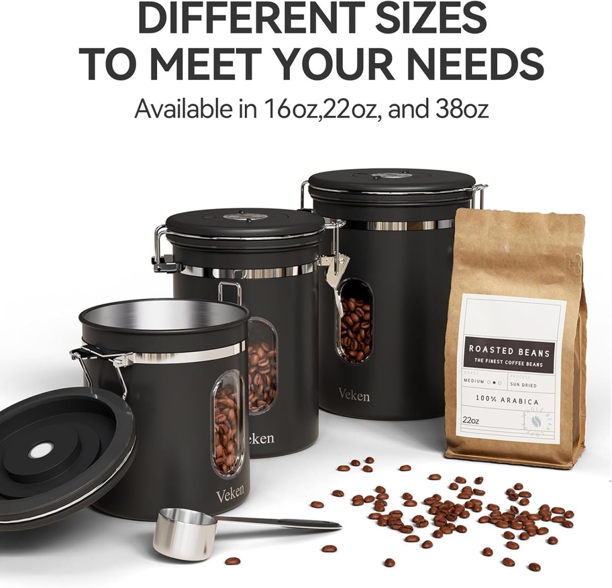 Veken Coffee Canister with Window,Airtight Stainless Steel Pantry Container,Home Kitchen Food Storage Organizers for Ground,Beans,Espresso,Rice,Tea,Sugar,Cereal, Flour,Bar Accessories,Gifts,22OZ,Black - Homesidy.com