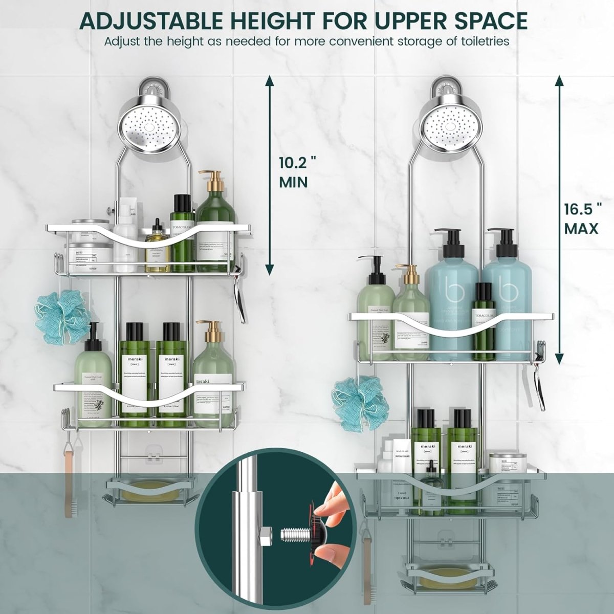 Shower Caddy Hanging Adjustable Shower Caddy, Rustproof Shower Organizer Extended Length Shower Caddy Over Shower Head with Hooks Soap Holder, Large Capacity Anti - Swing Bathroom Organizer, Black - Homesidy.com