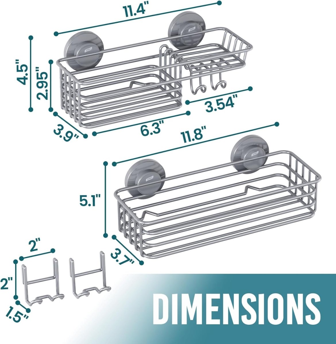 TAILI Shower Caddy Suction Cup 2 Pack with Hooks &amp; Soap holder, Heavy Duty Shower Organizer for Bathroom, No Drilling Bathroom Organizer with Large Capacity, Black Metal Storage Basket - Homesidy.com