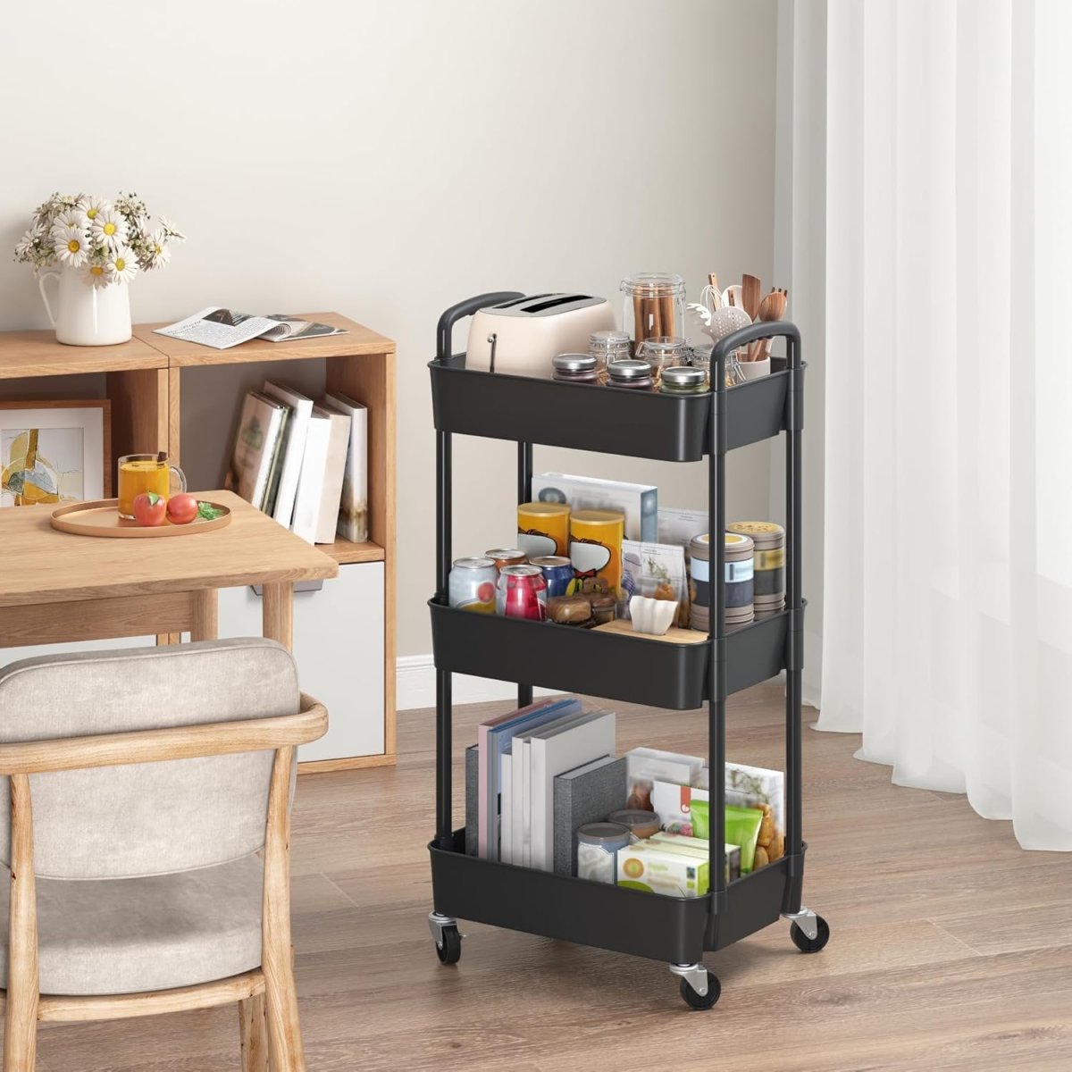 Sywhitta 3 - Tier Plastic Rolling Utility Cart with Handle, Multi - Functional Storage Trolley for Office, Living Room, Kitchen, Movable Storage Organizer with Wheels, White - Homesidy.com