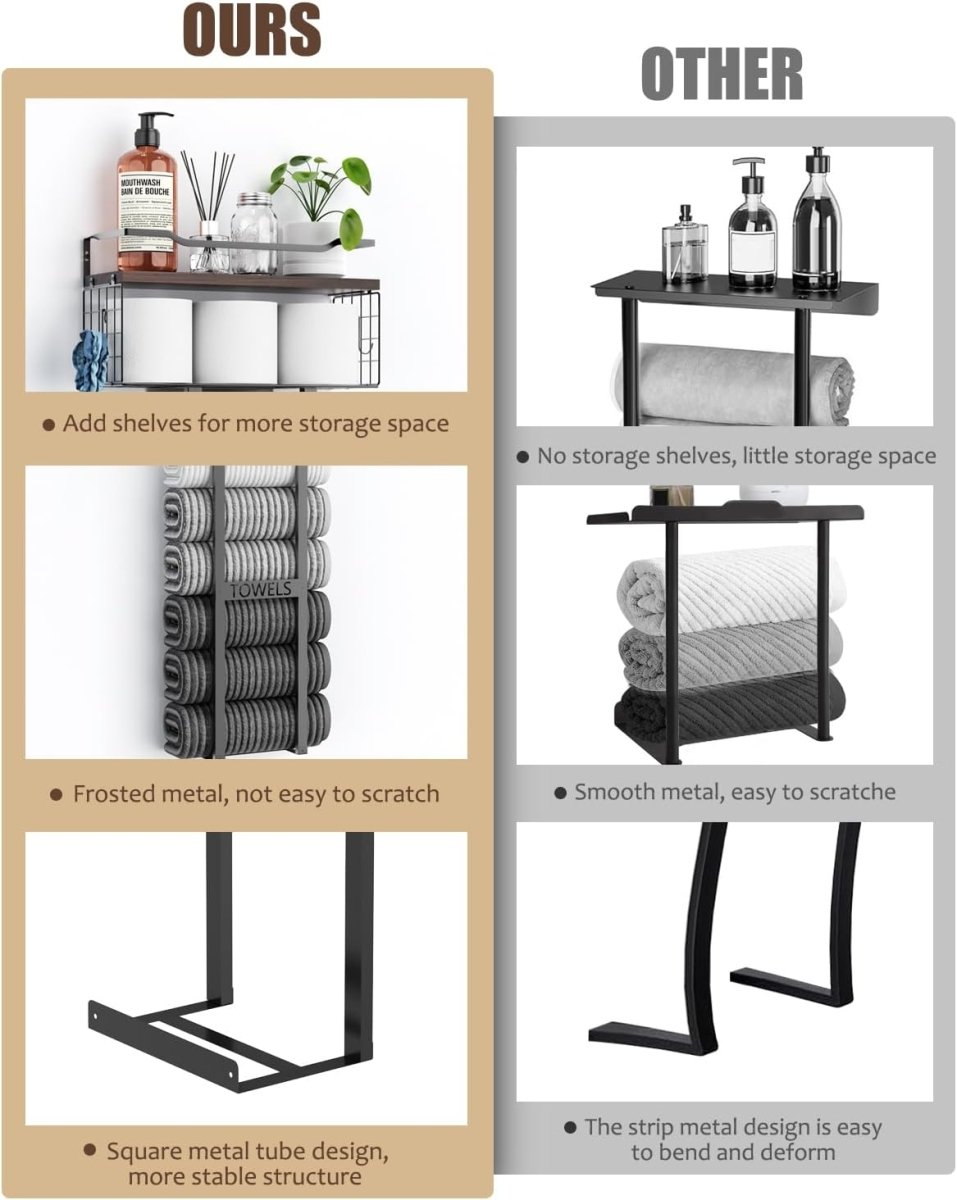 Aetyord Towel Racks for Bathroom 31inch Wall Mounted Towel Rack,Floating Shelf with Wood Plank,Towel Storage for Bathroom can Holds 6 Large Rolled Towels,All Black - Homesidy.com