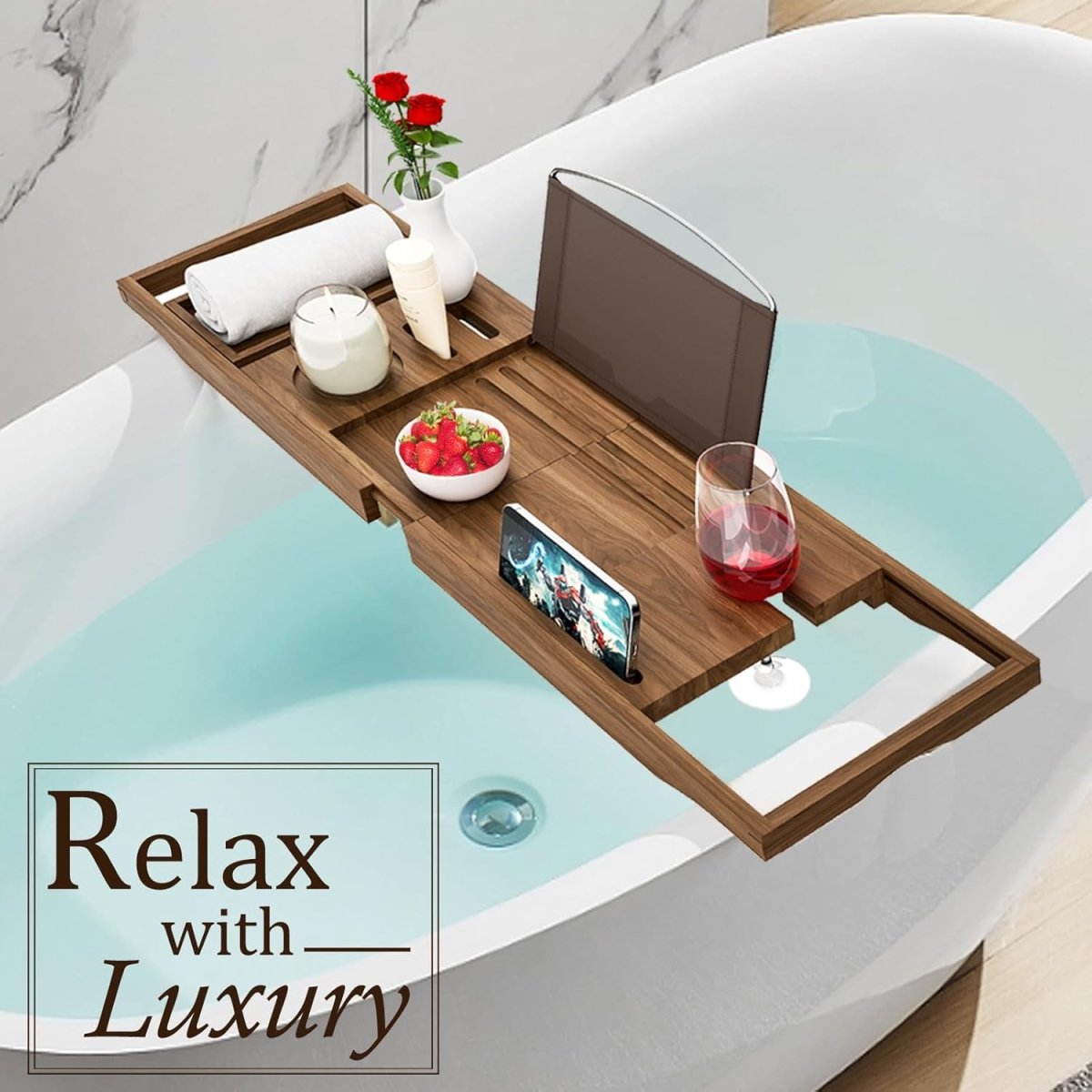 Premium Bamboo Bathtub Tray Caddy - Bath Tub Tray Table for Bathtub - Bath Caddy Tray for Bathtub, Expandable Size, Fits Most Bath Tubs - Homesidy.com