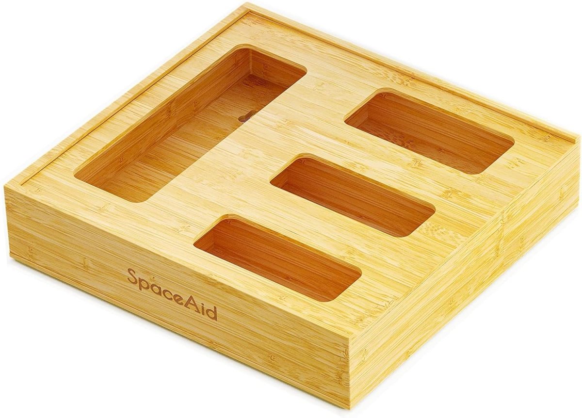 SpaceAid Bag Storage Organizer for Kitchen Drawer, Bamboo Organizer, Compatible with Gallon, Quart, Sandwich and Snack Variety Size Bag (1 Box 4 Slots) - Homesidy.com