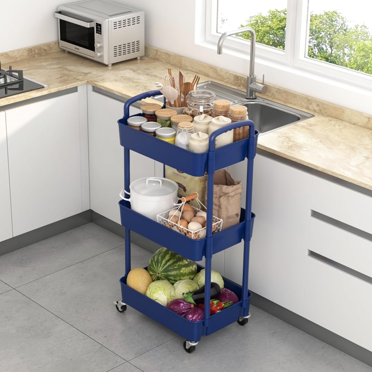 Sywhitta 3 - Tier Plastic Rolling Utility Cart with Handle, Multi - Functional Storage Trolley for Office, Living Room, Kitchen, Movable Storage Organizer with Wheels, White - Homesidy.com
