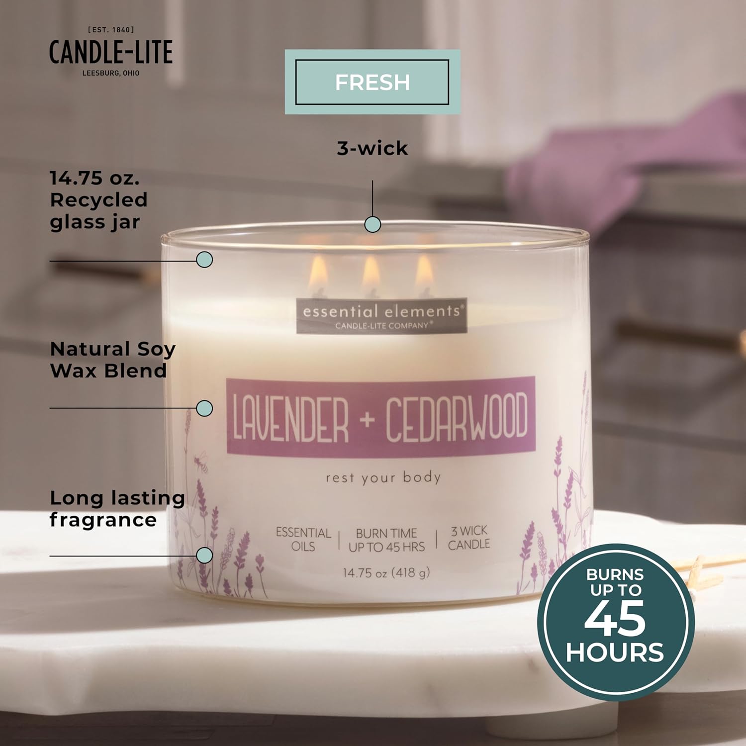 Candle - lite Essential Elements Scented Candles, Eucalyptus &amp; Mint Leaf, 14.75 oz Jar, Proudly Poured in The USA, Aromatherapy, 3 - Wick with 45 Hours Burn Time, Perfect for Creating a Relaxing Ambiance - Homesidy.com