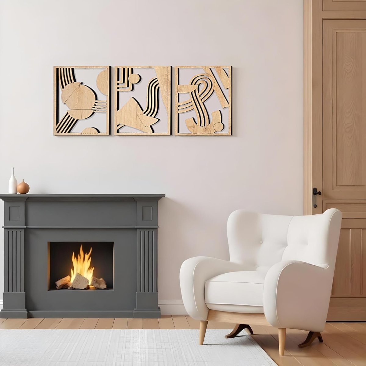 qmmp Modern Wooden Wall Sculptures - Set of 3 - MDF - Oak - Home Decor Accent - Large Wall Art for Living Room, Bedroom, Office - Easy Installation (Oak, Medium - Mountain and Sun, Unframed) - Homesidy.com