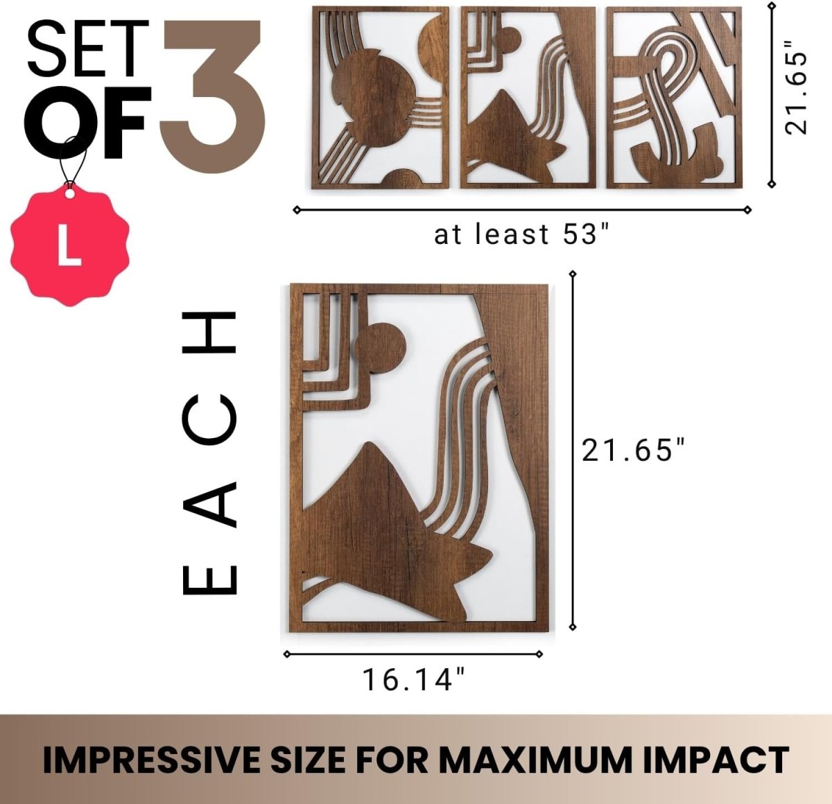 qmmp Modern Wooden Wall Sculptures - Set of 3 - MDF - Oak - Home Decor Accent - Large Wall Art for Living Room, Bedroom, Office - Easy Installation (Oak, Medium - Mountain and Sun, Unframed) - Homesidy.com