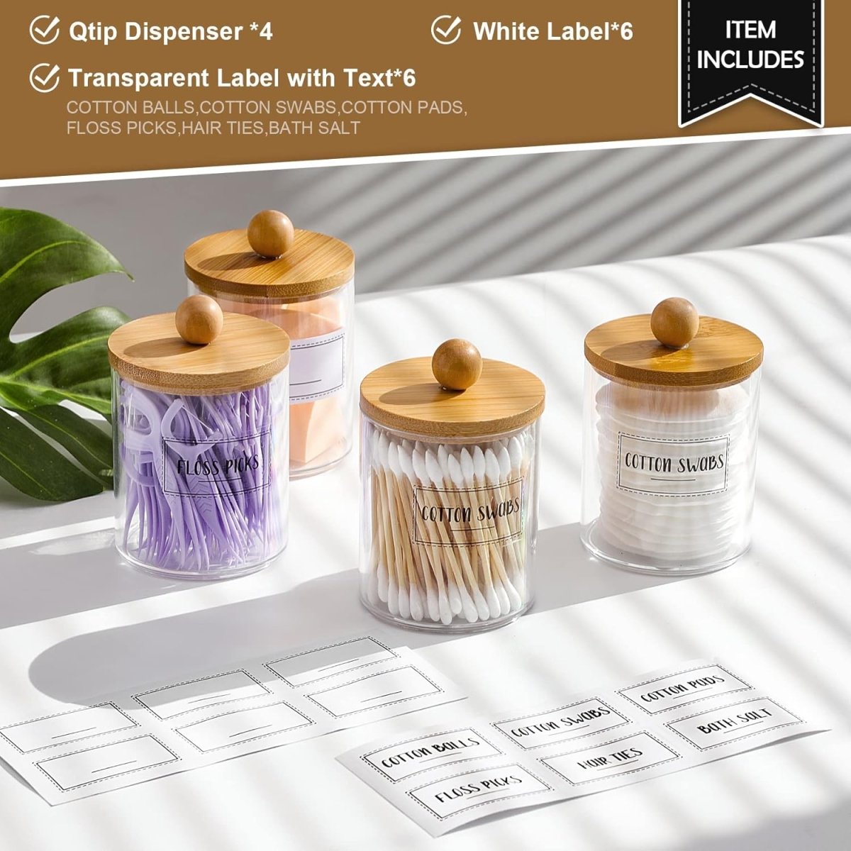 4 Pack Qtip Holder Dispenser with Bamboo Lids - 10 oz Clear Plastic Apothecary Jar Containers for Vanity Makeup Organizer Storage - Bathroom Accessories Set for Cotton Swab, Ball, Pads, Floss - Homesidy.com