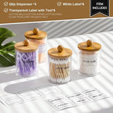 4 Pack Qtip Holder Dispenser with Bamboo Lids - 10 oz Clear Plastic Apothecary Jar Containers for Vanity Makeup Organizer Storage - Bathroom Accessories Set for Cotton Swab, Ball, Pads, Floss - Homesidy.com