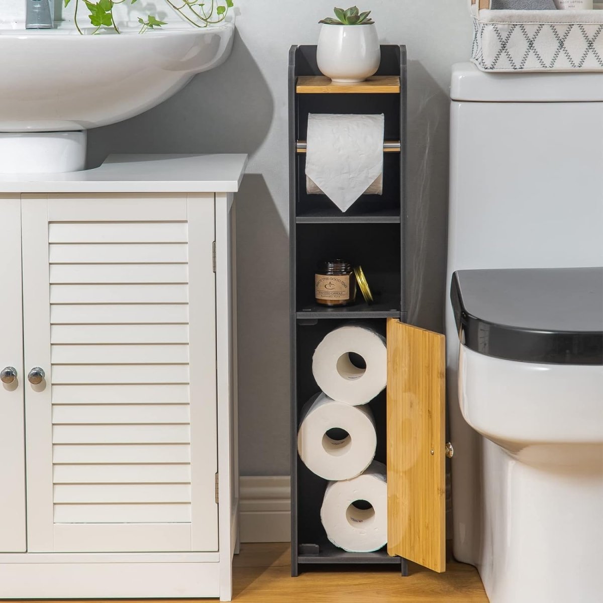 AOJEZOR Toilet Paper Holder Stand: No Drill PVC Small Bathroom Cabinet for Apartment Dwellers - Rental Deposit Protection - Small Space Storage Saving - Homesidy.com