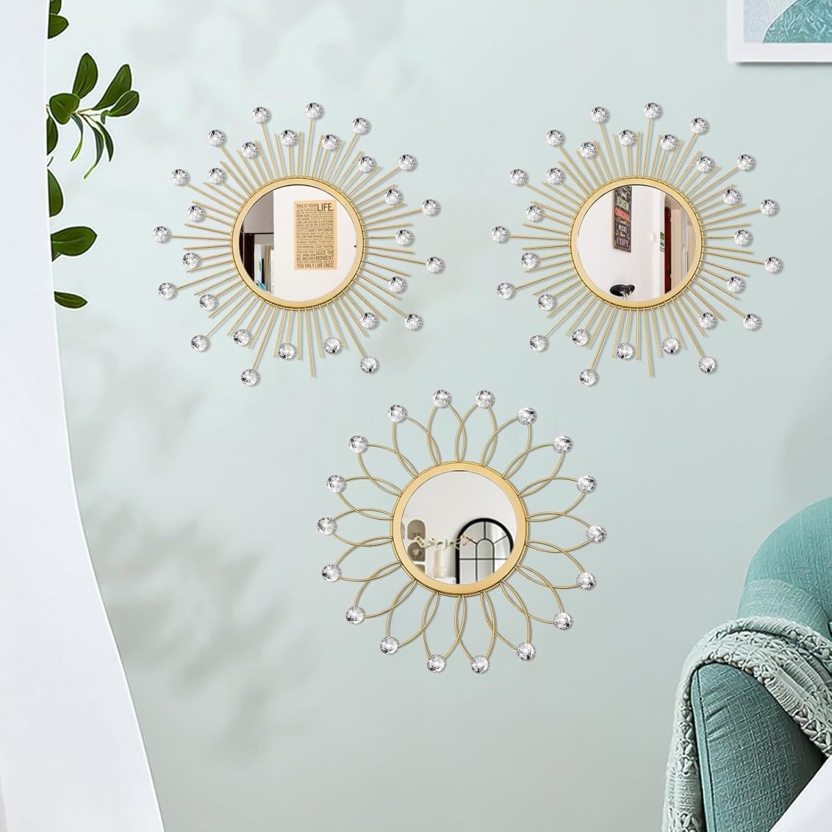 3 Pack Metal Mirrors for Wall Sunburst Wall Mirrors Home Décor Decorative Hanging Wall Art for Living Room Bedroom Entryway (Gold, Flower Sunburst) - Homesidy.com