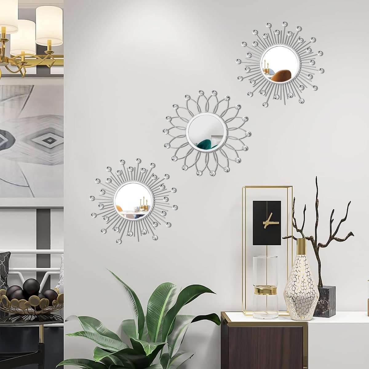 3 Pack Metal Mirrors for Wall Sunburst Wall Mirrors Home Décor Decorative Hanging Wall Art for Living Room Bedroom Entryway (Gold, Flower Sunburst) - Homesidy.com