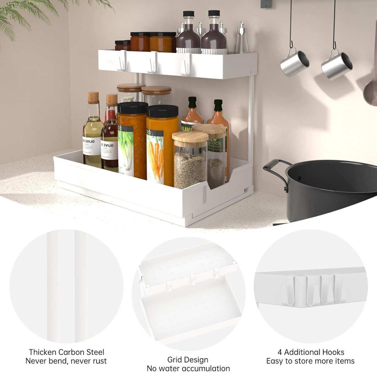 2 Pack Under Sink Organizer 2 Tier Sliding Cabinet Organizers Multi - Purpose Sink Storage Basket L - Shape Narrow Space Storage Shelves with 4 Hook for Kitchen Bathroom Drawer, Black - Homesidy.com