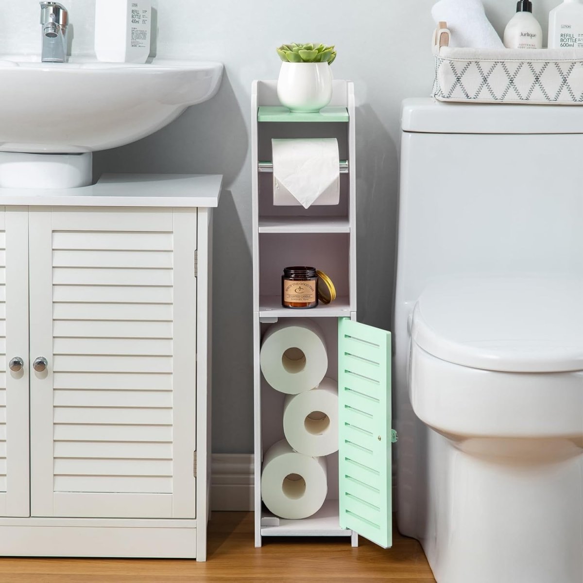 AOJEZOR Toilet Paper Holder Stand: No Drill PVC Small Bathroom Cabinet for Apartment Dwellers - Rental Deposit Protection - Small Space Storage Saving - Homesidy.com