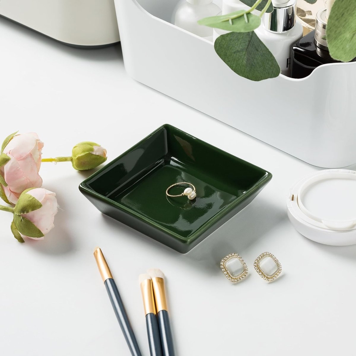Mecaikru Ceramic Trinket Dish, Ring Tray, Decorative Jewelry Dish for Earrings Necklaces Watch Keys, for Women, White Green - Homesidy.com