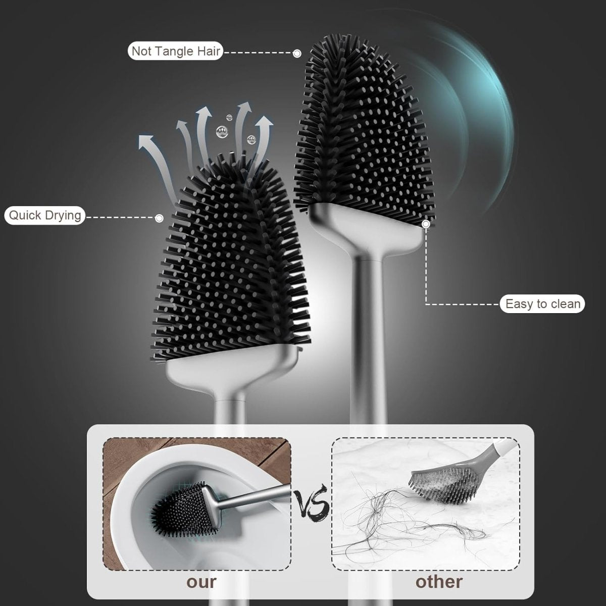 Sellemer Toilet Brush and Holder Set - Flexible Toilet Bowl Brush Head with Silicone Bristles, Compact Size for Storage and Organization, Ventilation Slots Base (1 Pack, Silver) - Homesidy.com
