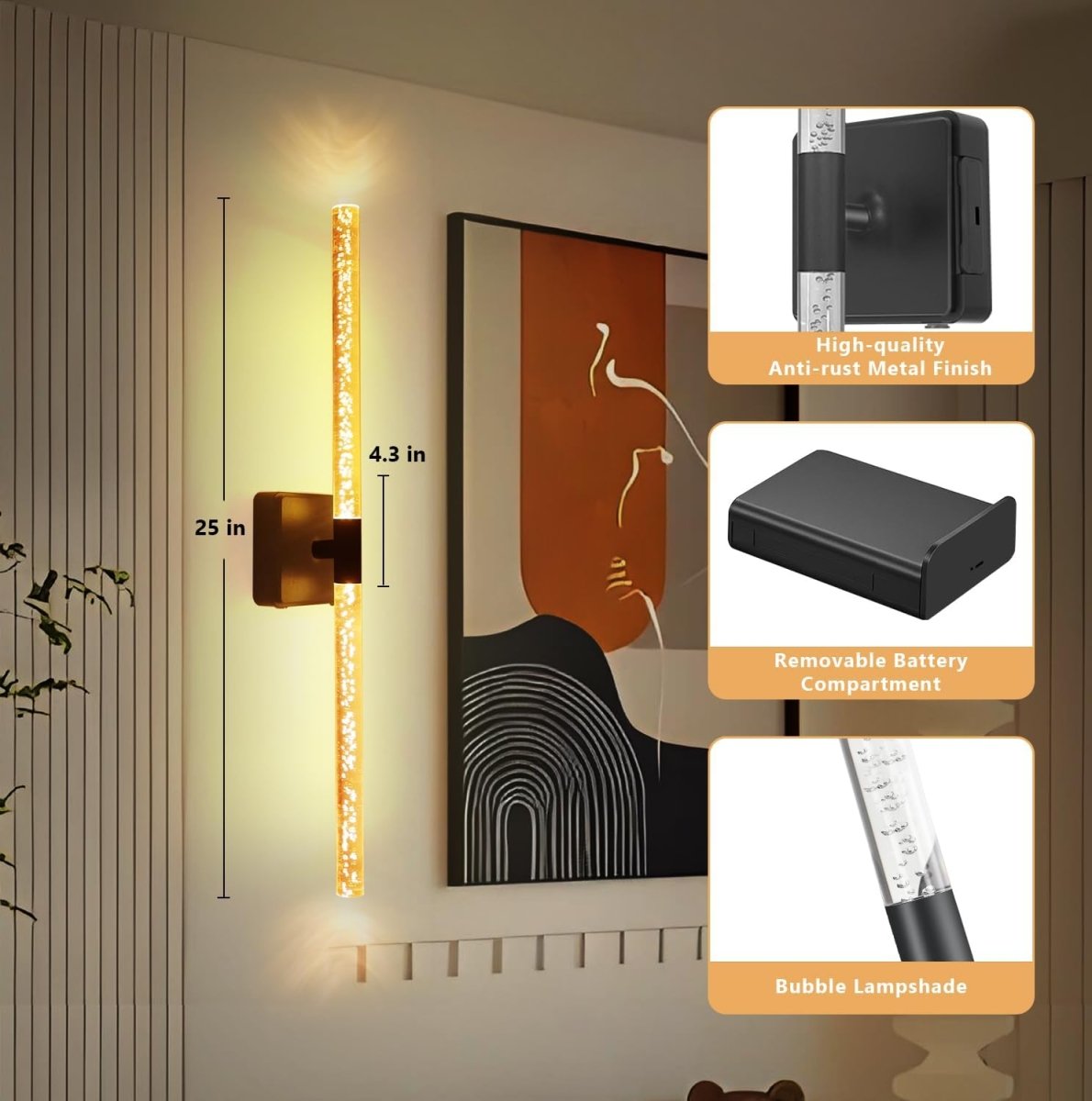 31in Wireless Wall Sconces Set of Two, [Creates Sunset Glow Ambiance] Dimmable 2700K–6000K with 8000mAh Battery &amp; Display, Touch/Remote Control, Rechargeable Wall Lamps for Home Decor – Black - Homesidy.com