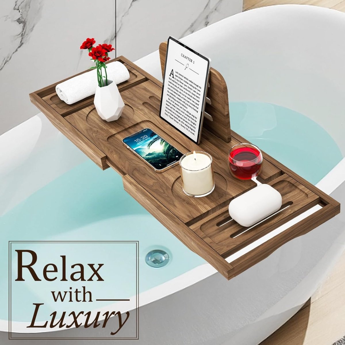 Premium Bamboo Bathtub Tray Caddy - Bath Tub Tray Table for Bathtub - Bath Caddy Tray for Bathtub, Expandable Size, Fits Most Bath Tubs - Homesidy.com