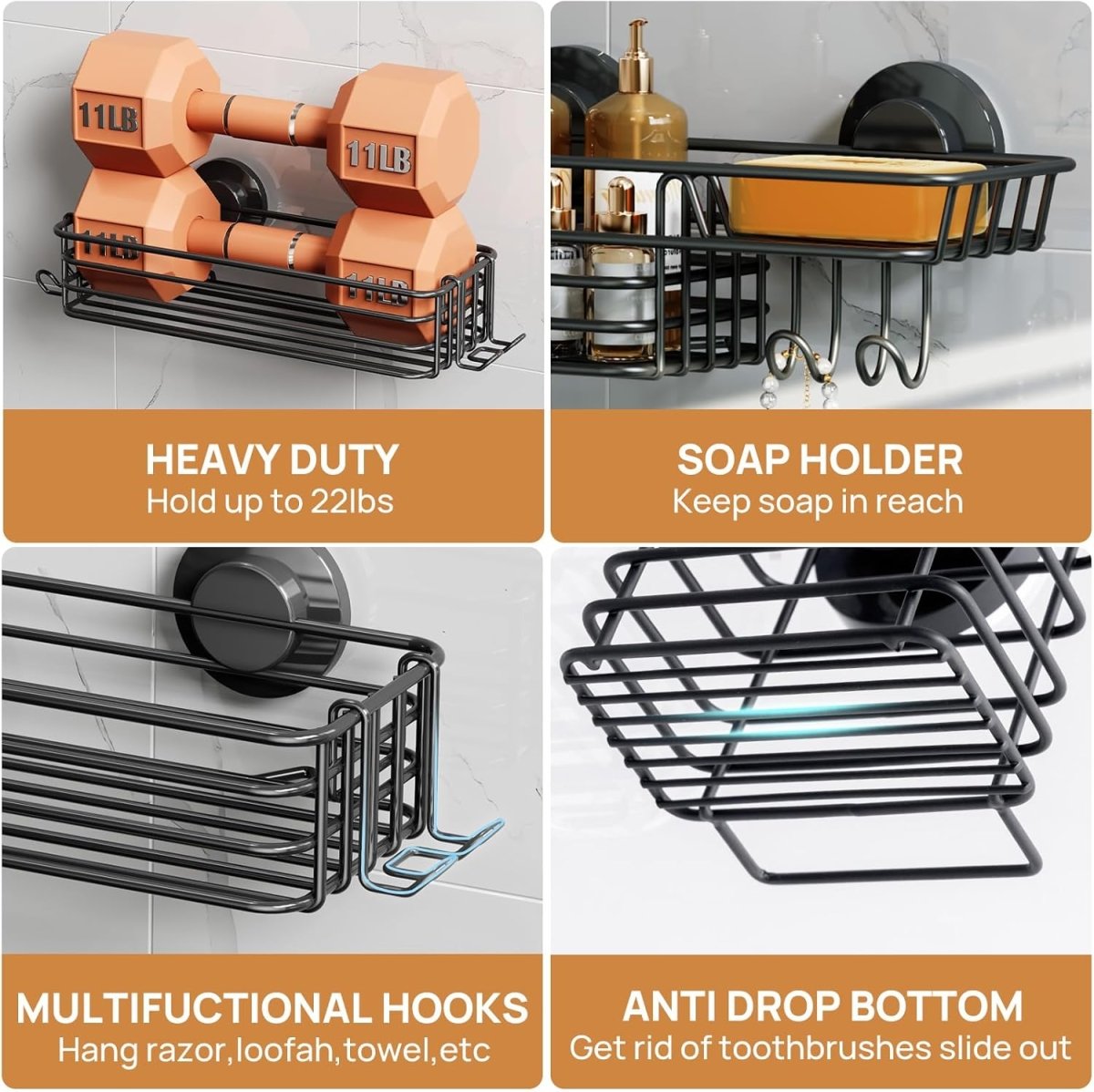LEVERLOC Shower Caddy Suction Cup, 2 Pack Shower Shelves for Inside Shower with Hooks &amp; Soap Holder, NO - Drilling Bathroom Shower Organizer, Rustproof Meatl Shower Holder Storage, Black - Homesidy.com
