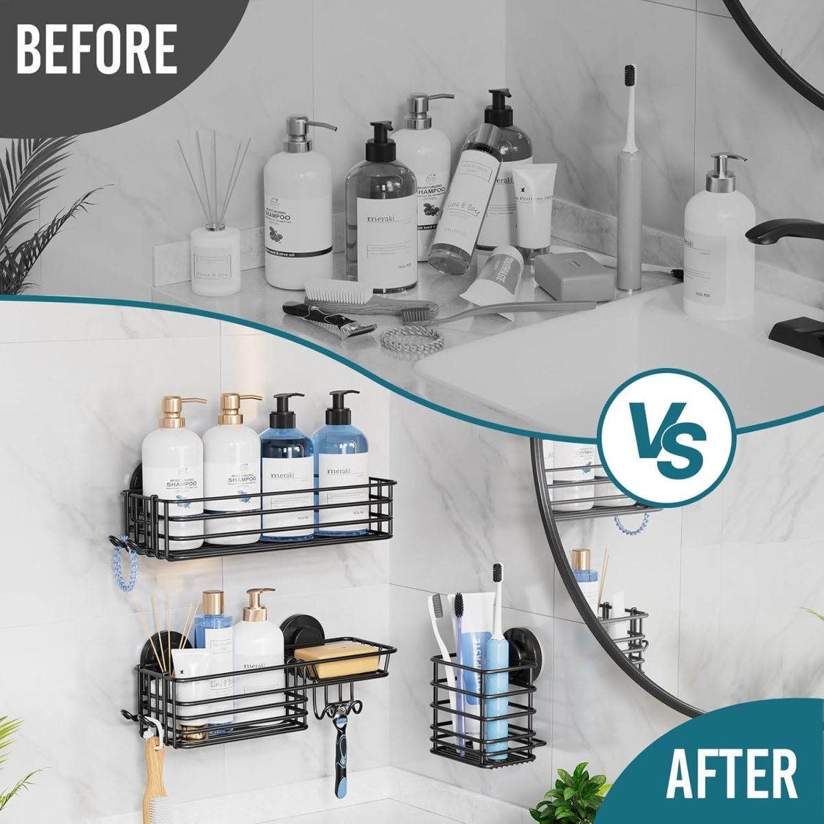TAILI Shower Caddy Suction Cup 2 Pack with Hooks &amp; Soap holder, Heavy Duty Shower Organizer for Bathroom, No Drilling Bathroom Organizer with Large Capacity, Black Metal Storage Basket - Homesidy.com