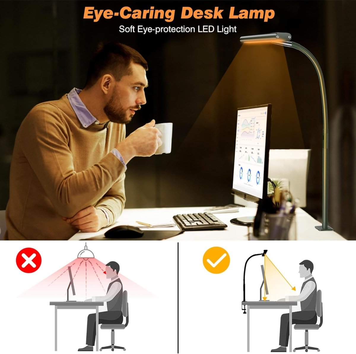 Airlonv LED Desk Lamp for Office Home, Eye - Caring Desk Light with Stepless Dimming Adjustable Flexible Gooseneck, 10W USB Adapter Desk Lamp with Clamp for Reading, Study, Workbench (Black) - Homesidy.com