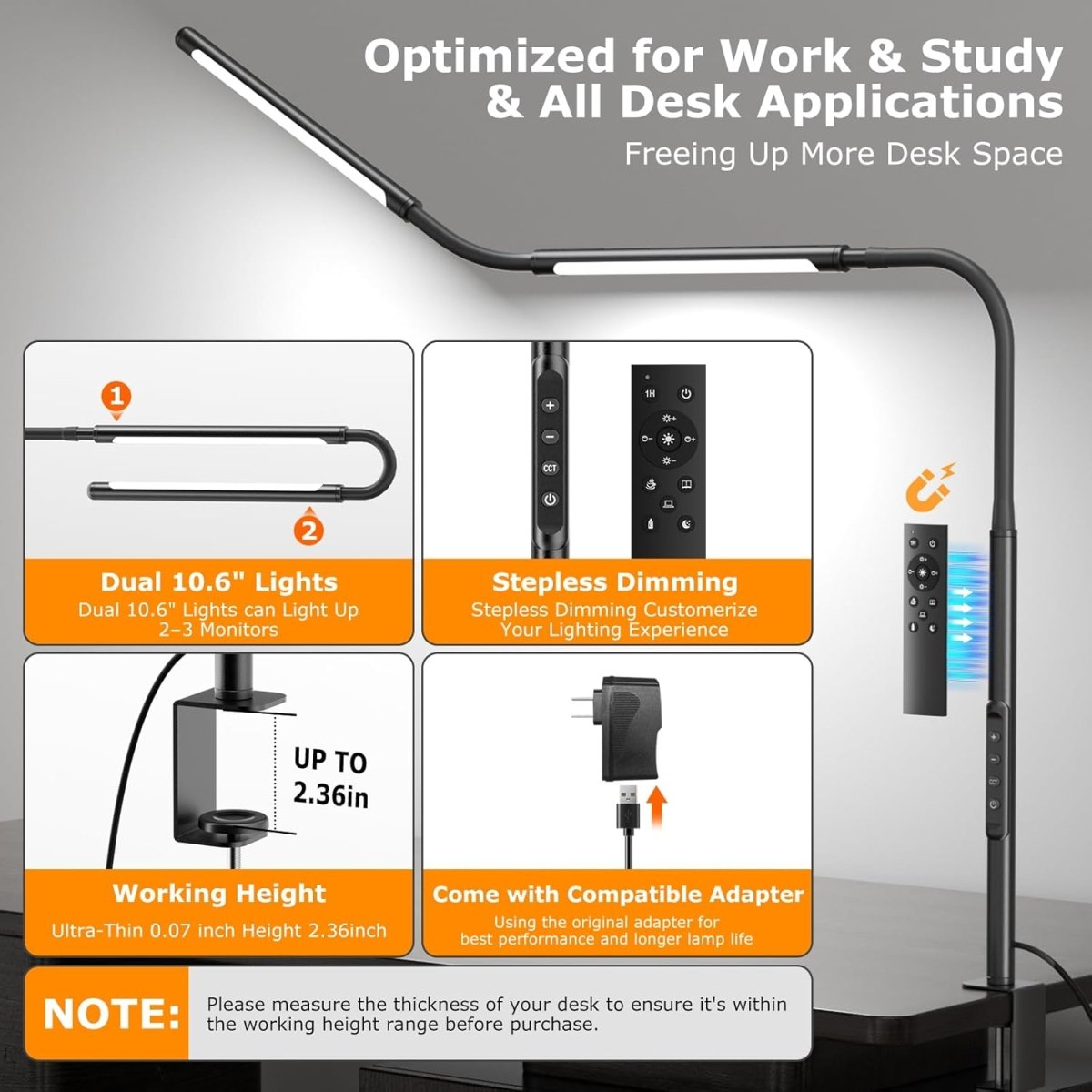 Airlonv LED Desk Lamp for Office Home, Eye - Caring Desk Light with Stepless Dimming Adjustable Flexible Gooseneck, 10W USB Adapter Desk Lamp with Clamp for Reading, Study, Workbench (Black) - Homesidy.com