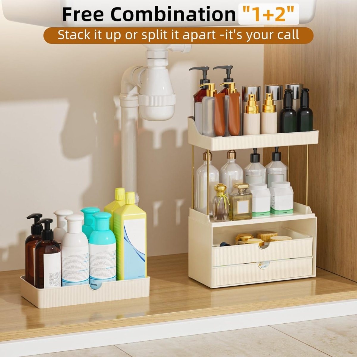 StorBin 3 Drawers Makeup Organizer - 5 Tier Bathroom Counter Organizers and Storage, Versatile Perfume Vanity Organizer, Ideal for Cosmetic, Large Skincare, Face Mask, Office Supplies, Amber - Homesidy.com