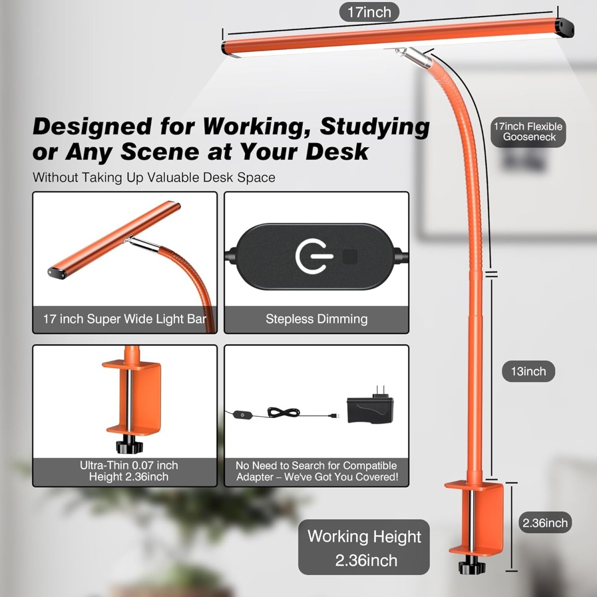 Airlonv LED Desk Lamp for Office Home, Eye - Caring Desk Light with Stepless Dimming Adjustable Flexible Gooseneck, 10W USB Adapter Desk Lamp with Clamp for Reading, Study, Workbench (Black) - Homesidy.com