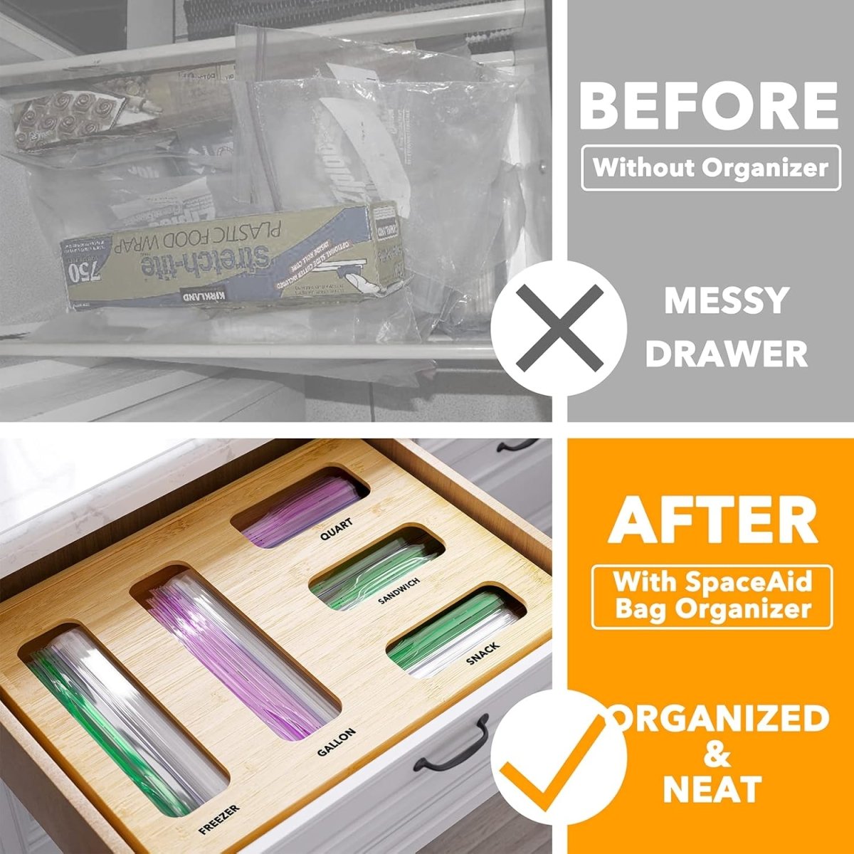 SpaceAid Bag Storage Organizer for Kitchen Drawer, Bamboo Organizer, Compatible with Gallon, Quart, Sandwich and Snack Variety Size Bag (1 Box 4 Slots) - Homesidy.com