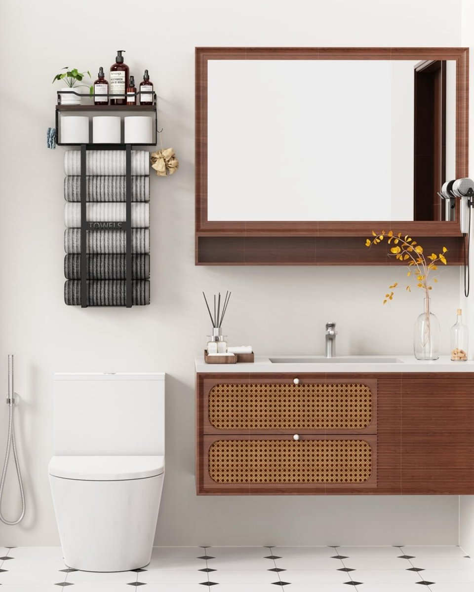 Aetyord Towel Racks for Bathroom 31inch Wall Mounted Towel Rack,Floating Shelf with Wood Plank,Towel Storage for Bathroom can Holds 6 Large Rolled Towels,All Black - Homesidy.com