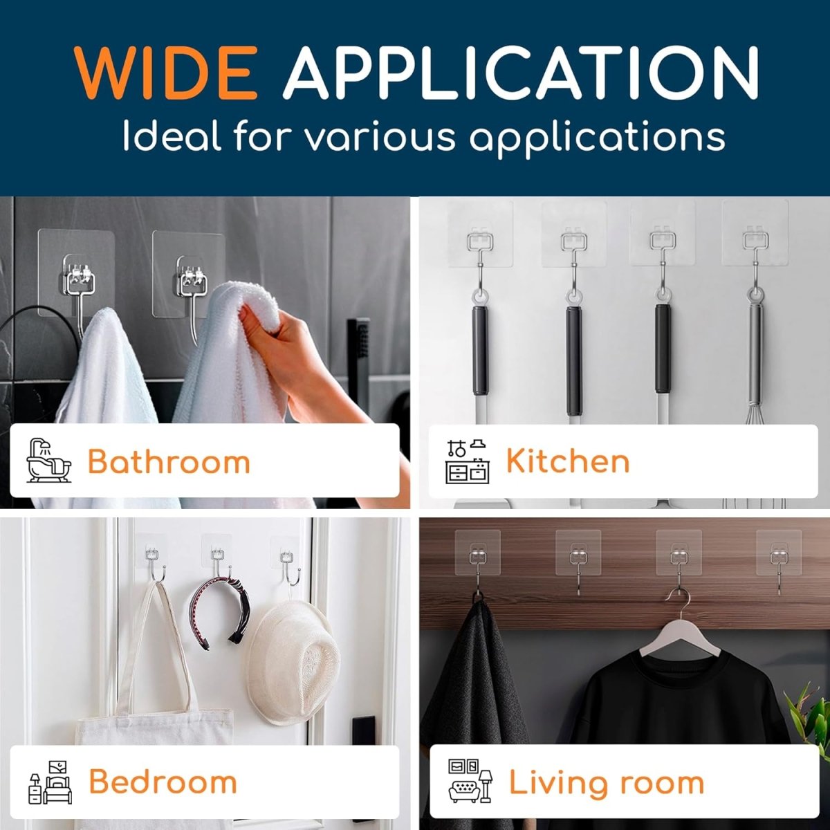 GLUIT Adhesive Wall Hooks for Hanging Heavy Duty 22 lbs Hooks for Walls No Damage, Towel Sticky Clear Hook, Waterproof, Home, Bathroom, Kitchen, Office, and Outdoor 12 Pack - Homesidy.com