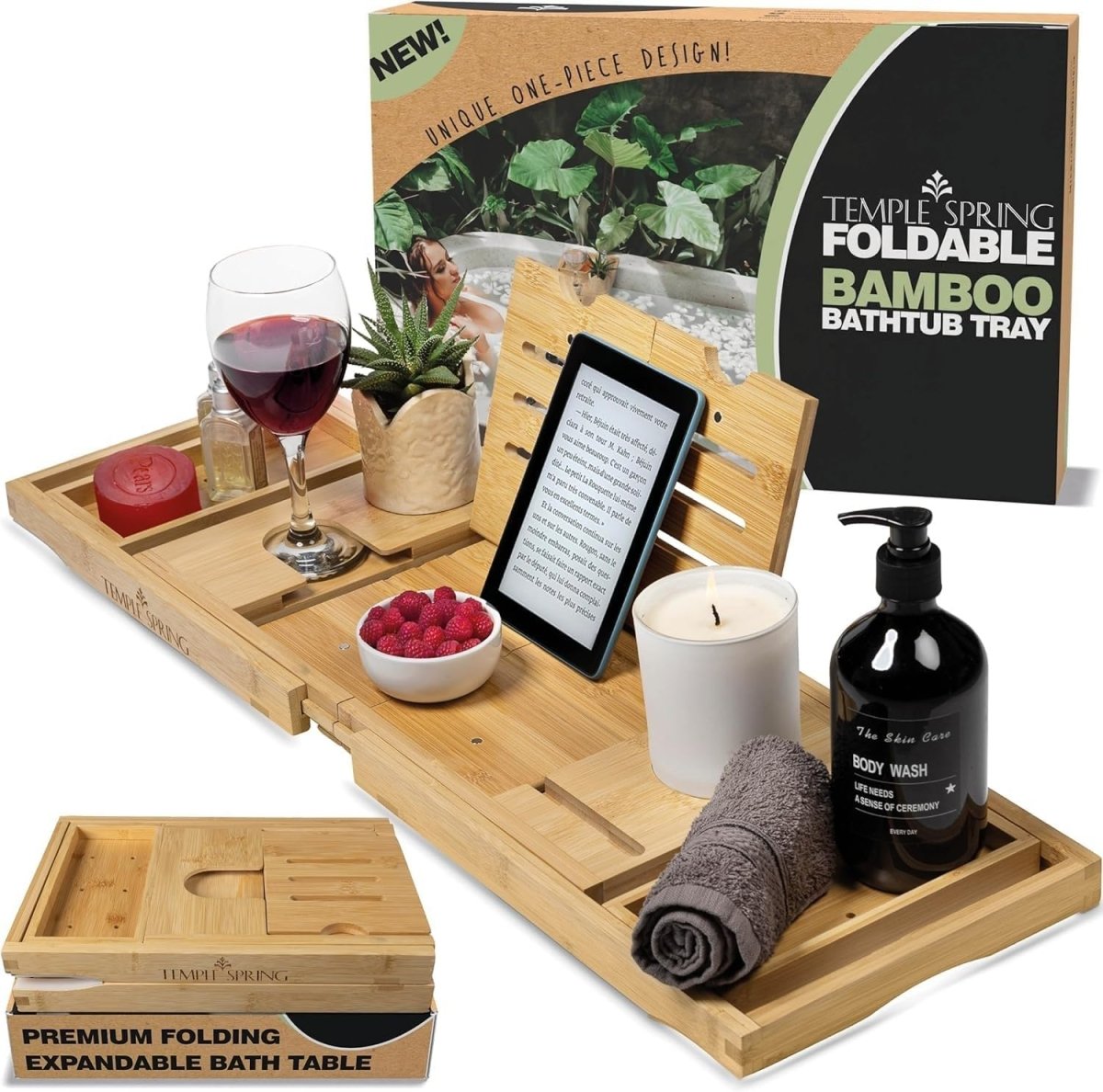 Temple Spring Wooden Bathtub Tray, Bamboo Bathroom Accessories, Bath Tray for Tub, at Home Spa Essentials, Board for Tub Table, Bath Caddy for Bathtub Accessories &amp; Bathroom Essentials – Natural - Homesidy.com