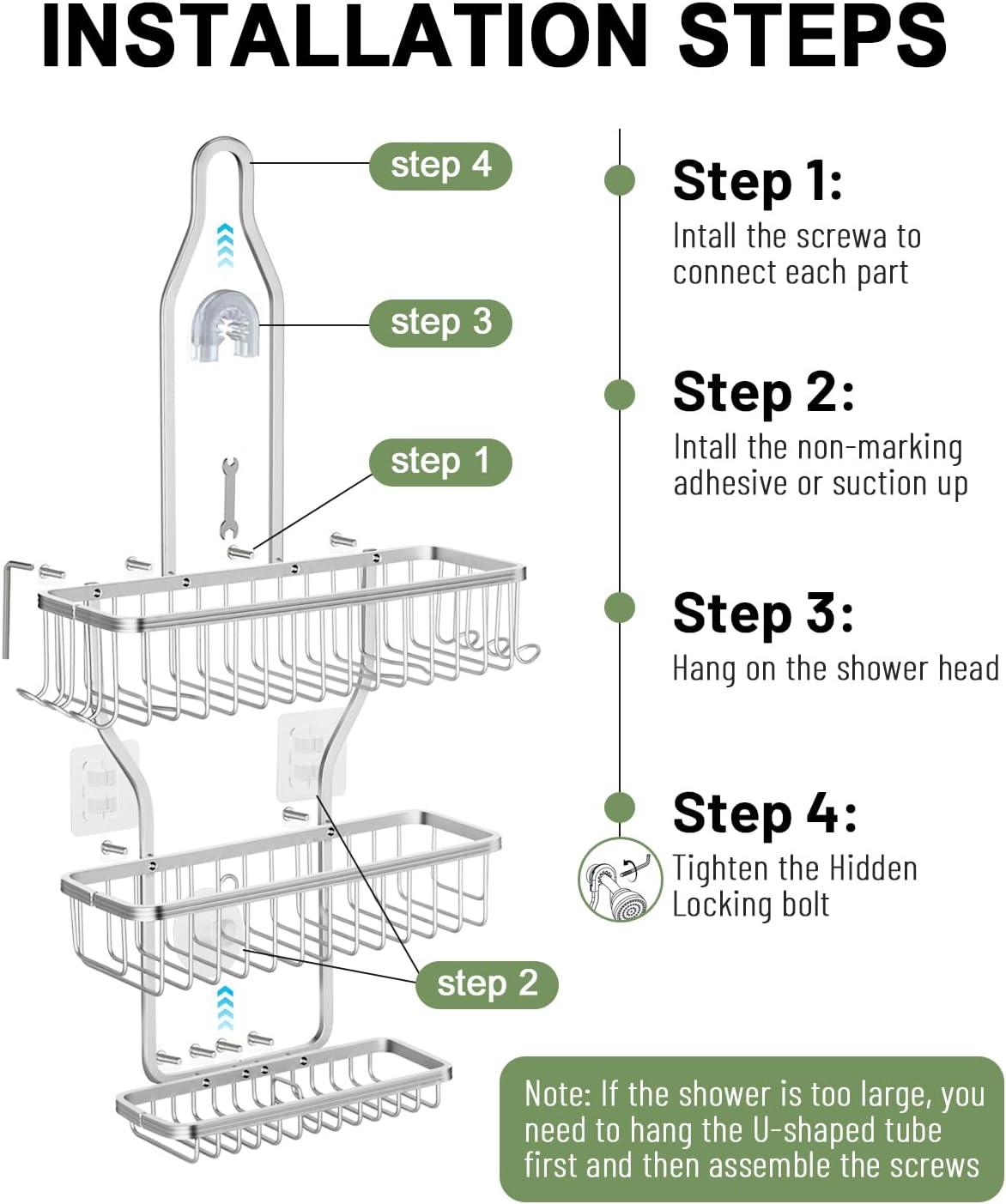MSAICOE Shower Caddy Hanging - Never Rust Shower Hanging Organizer - Aluminum Over the ShowerHead Caddy with Soap Basket and 6 Hooks for Razor/Sponge (Black) - Homesidy.com