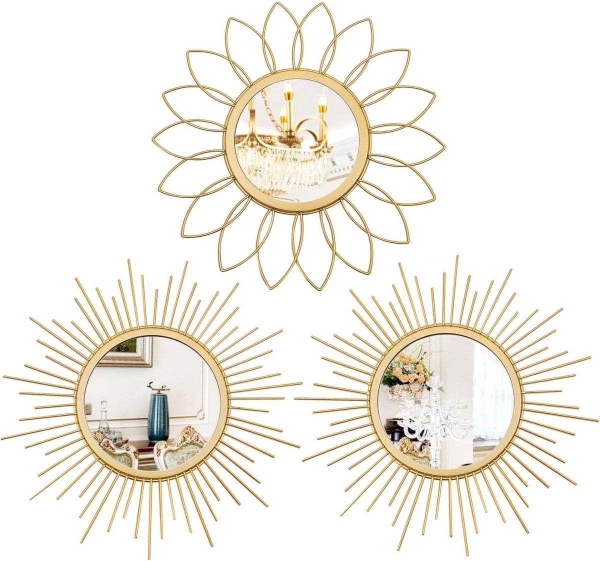 3 Pack Metal Mirrors for Wall Sunburst Wall Mirrors Home Décor Decorative Hanging Wall Art for Living Room Bedroom Entryway (Gold, Flower Sunburst) - Homesidy.com
