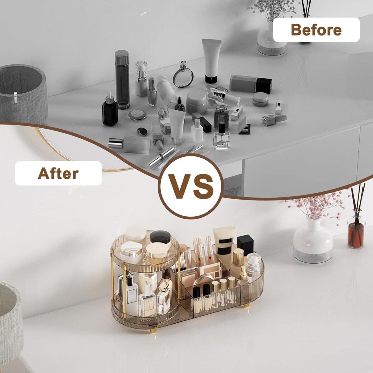 Makeup Organizer Countertop for Vanity, Rotating Perfume Tray with 5 - compartment Cosmetic and Skincare Organizers, Multi - Purpose Desk Storage Makeup Brush Holder for Bathroom Bedroom Counter - Homesidy.com