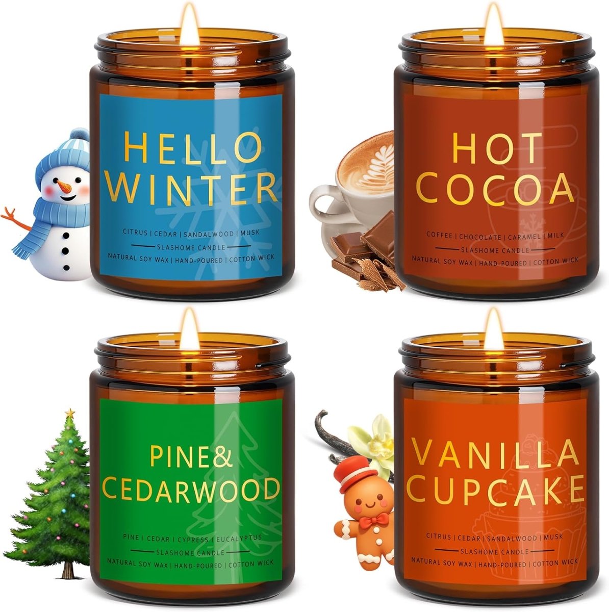 Winter Candle Gift Set, 4 Pack 7 oz Soy Scented Candles for Home, Christmas, Holiday &amp; Birthday Gifts for Women &amp; Men, Includes Hello Winter, Pine &amp; Cedarwood, Hot Cocoa, and Vanilla Cupcake - Homesidy.com
