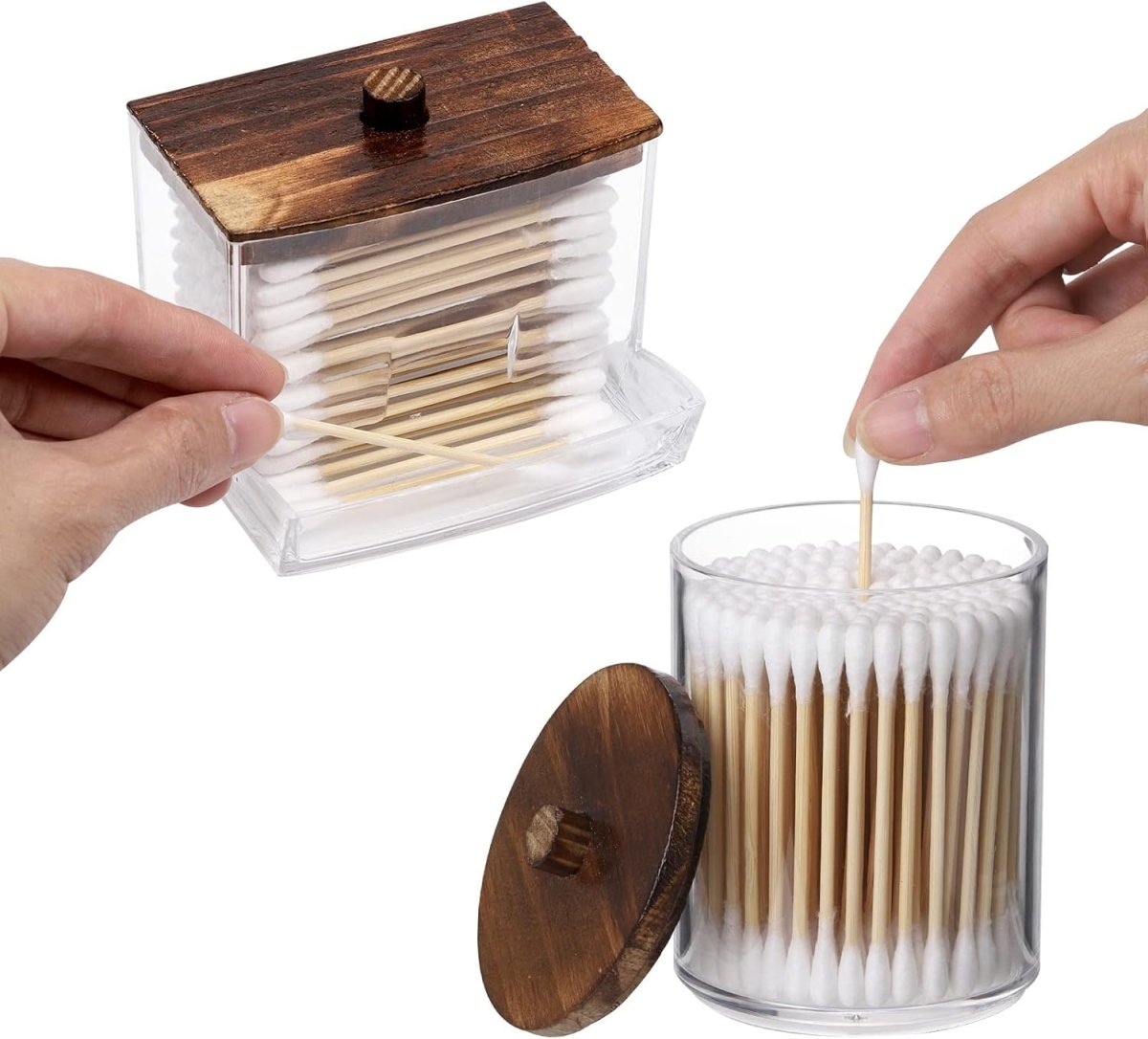 Tbestmax Qtips Holder Bathroom Container, 10 OZ Cotton Ball/Swabs Dispenser, Apothecary Jar Organizer for Storage Brown Wood Lids - Homesidy.com