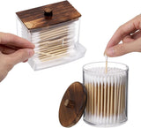 Tbestmax Qtips Holder Bathroom Container, 10 OZ Cotton Ball/Swabs Dispenser, Apothecary Jar Organizer for Storage Brown Wood Lids - Homesidy.com