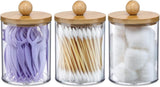 4 Pack Qtip Holder Dispenser with Bamboo Lids - 10 oz Clear Plastic Apothecary Jar Containers for Vanity Makeup Organizer Storage - Bathroom Accessories Set for Cotton Swab, Ball, Pads, Floss - Homesidy.com