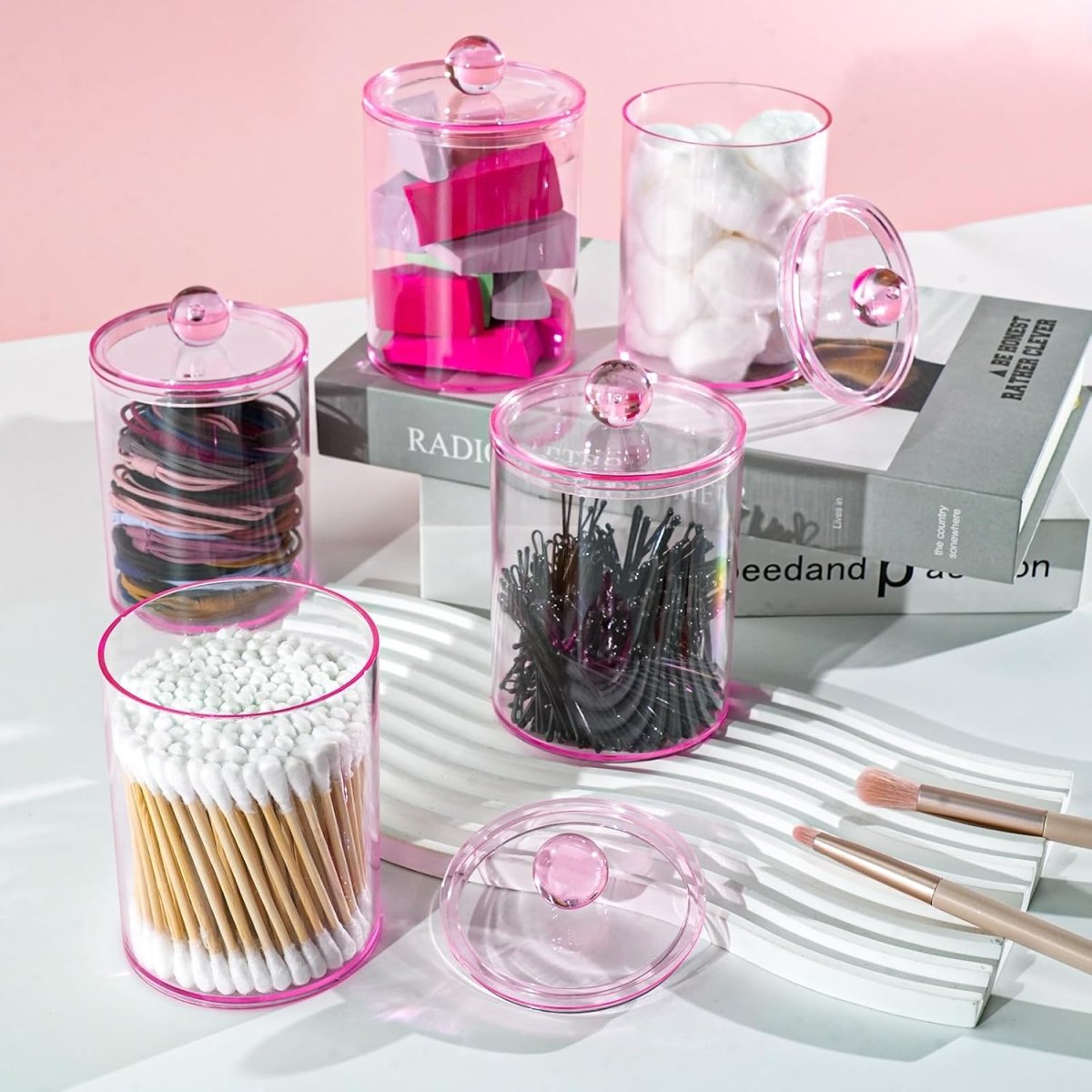 XIPENGKEJI 2 Pack Qtip Holder,Canister Apothecary Jar Set, Bathroom Jars with Lids Set for Cotton Swabs, Balls, Pads, Floss Picks,10oz - 12oz Plastic Canisters Restroom Bedroom Vanity Organizer(Black) - Homesidy.com