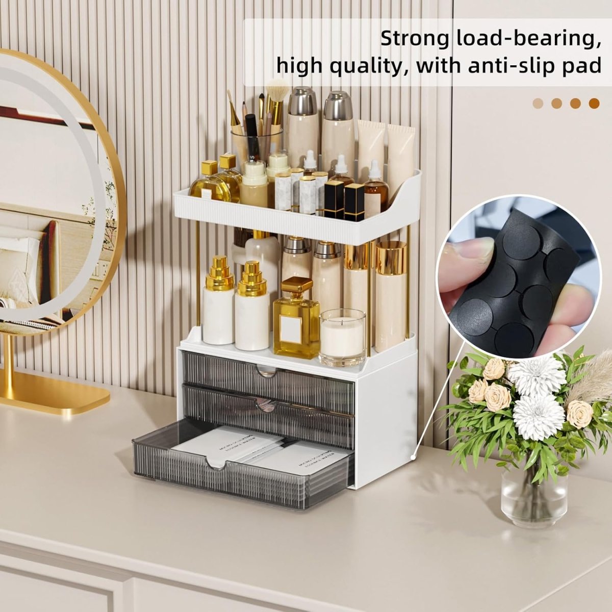StorBin 3 Drawers Makeup Organizer - 5 Tier Bathroom Counter Organizers and Storage, Versatile Perfume Vanity Organizer, Ideal for Cosmetic, Large Skincare, Face Mask, Office Supplies, Amber - Homesidy.com