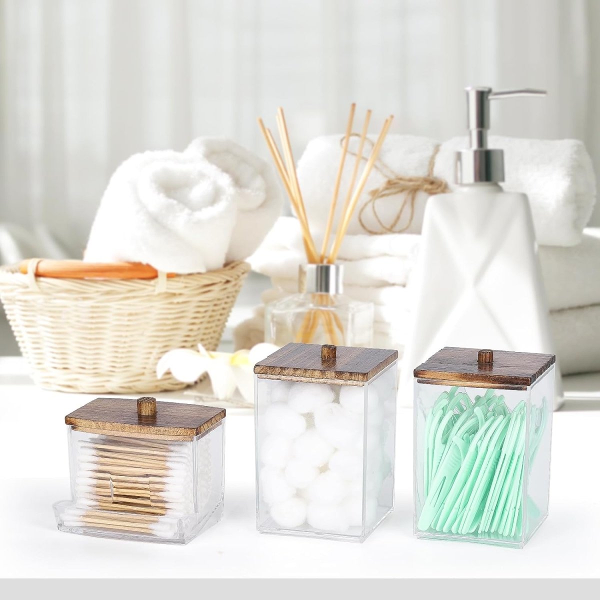 Tbestmax Qtips Holder Bathroom Container, 10 OZ Cotton Ball/Swabs Dispenser, Apothecary Jar Organizer for Storage Brown Wood Lids - Homesidy.com