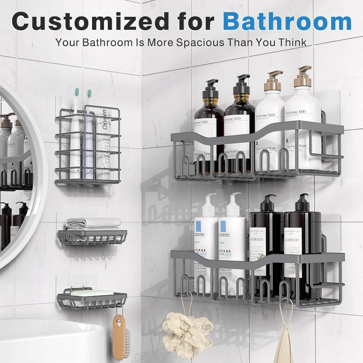 EUDELE Adhesive Shower Caddy, 5 Pack Rustproof Stainless Steel Bath Organizers With Large Capacity, No Drilling Shelves for Bathroom Storage &amp; Home Decor - Homesidy.com