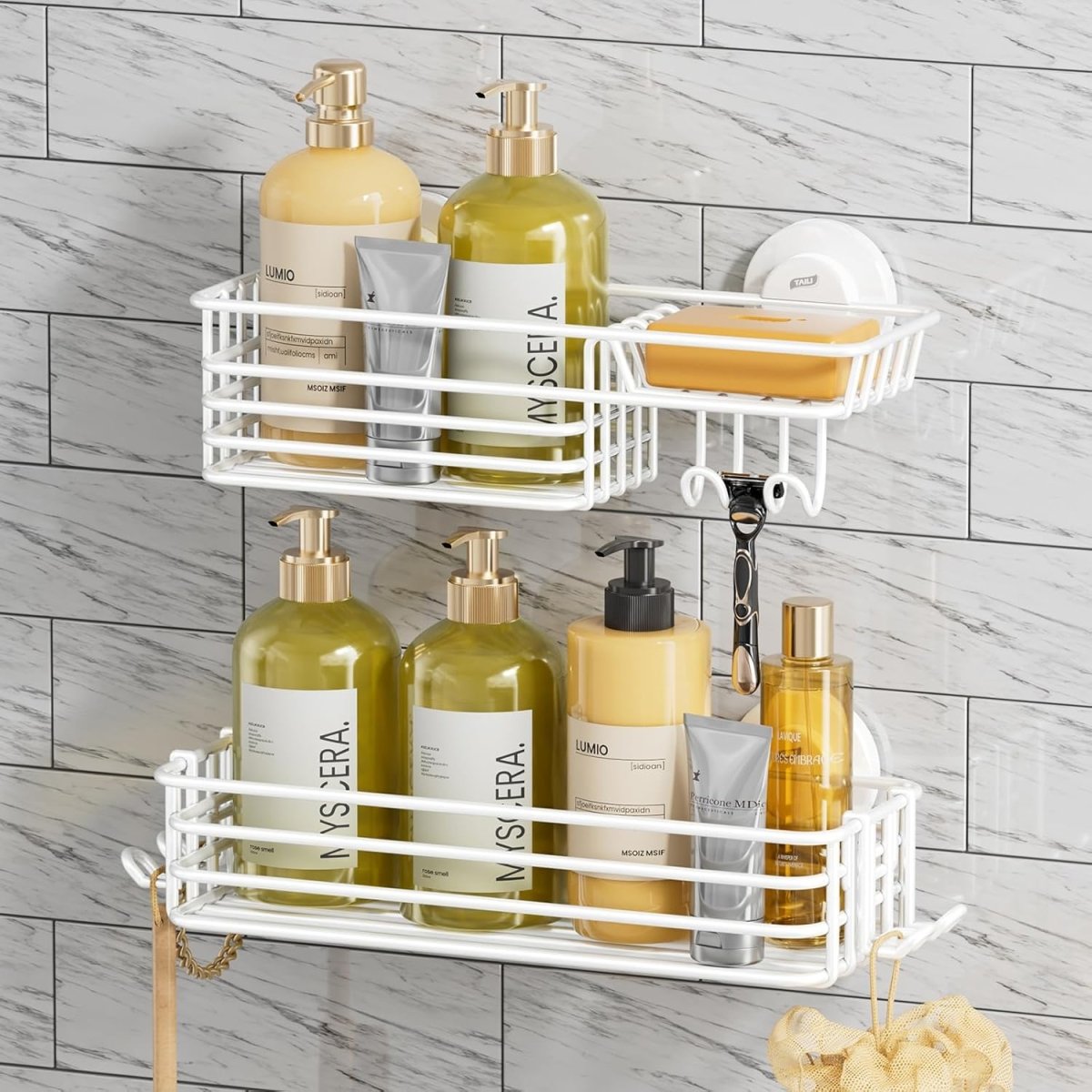 TAILI Shower Caddy Suction Cup 2 Pack with Hooks &amp; Soap holder, Heavy Duty Shower Organizer for Bathroom, No Drilling Bathroom Organizer with Large Capacity, Black Metal Storage Basket - Homesidy.com