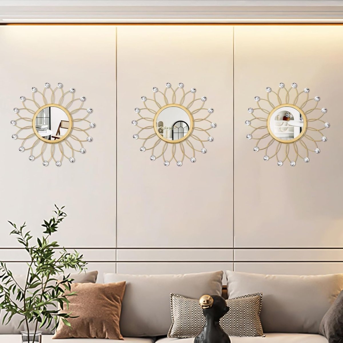 3 Pack Metal Mirrors for Wall Sunburst Wall Mirrors Home Décor Decorative Hanging Wall Art for Living Room Bedroom Entryway (Gold, Flower Sunburst) - Homesidy.com